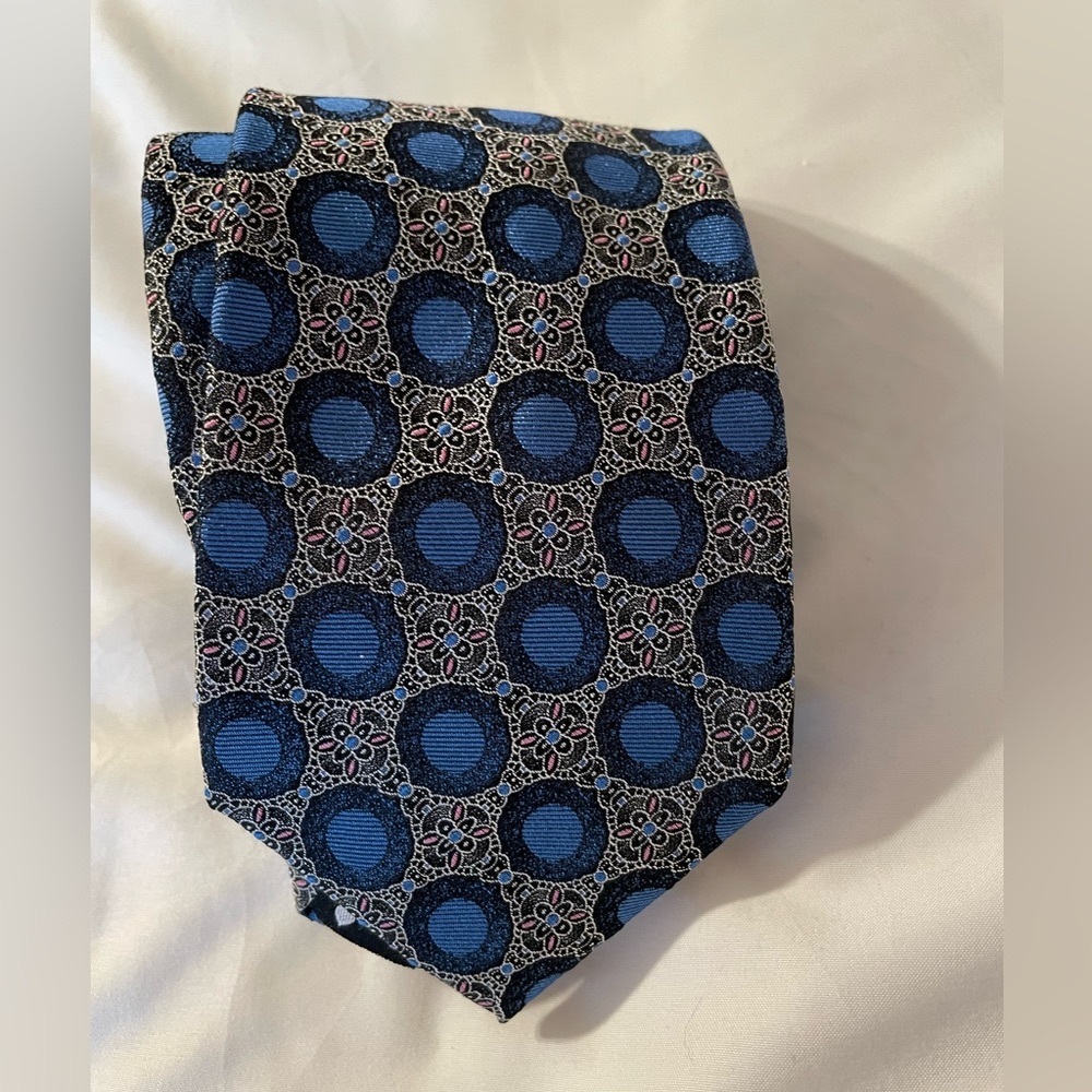 Men’s 100% silk necktie by Private Stock with black and blue pattern